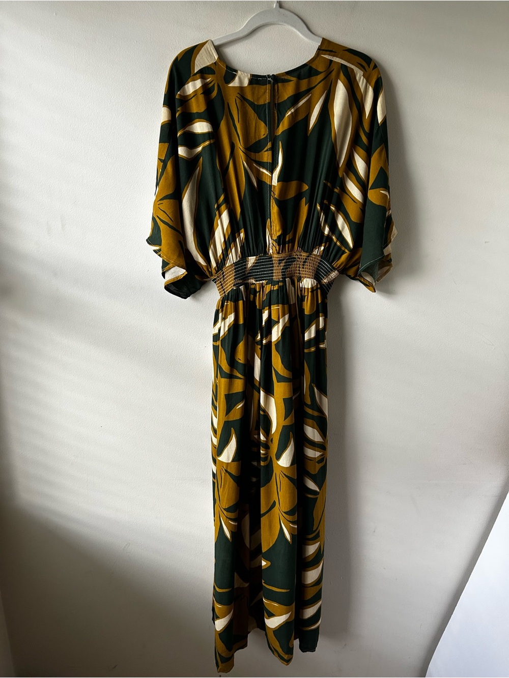 Boho Tropical Dress Forum Kimono Sleeve Maxi Floral Dress Forest Green Tan Cream - Picture 8 of 11